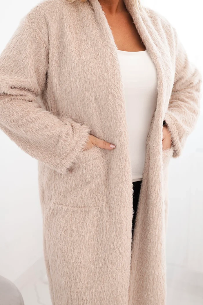 Płaszcz damski Plus Size z wiskozy bez zapięcia z kieszeniami beżowy - obrazek 4