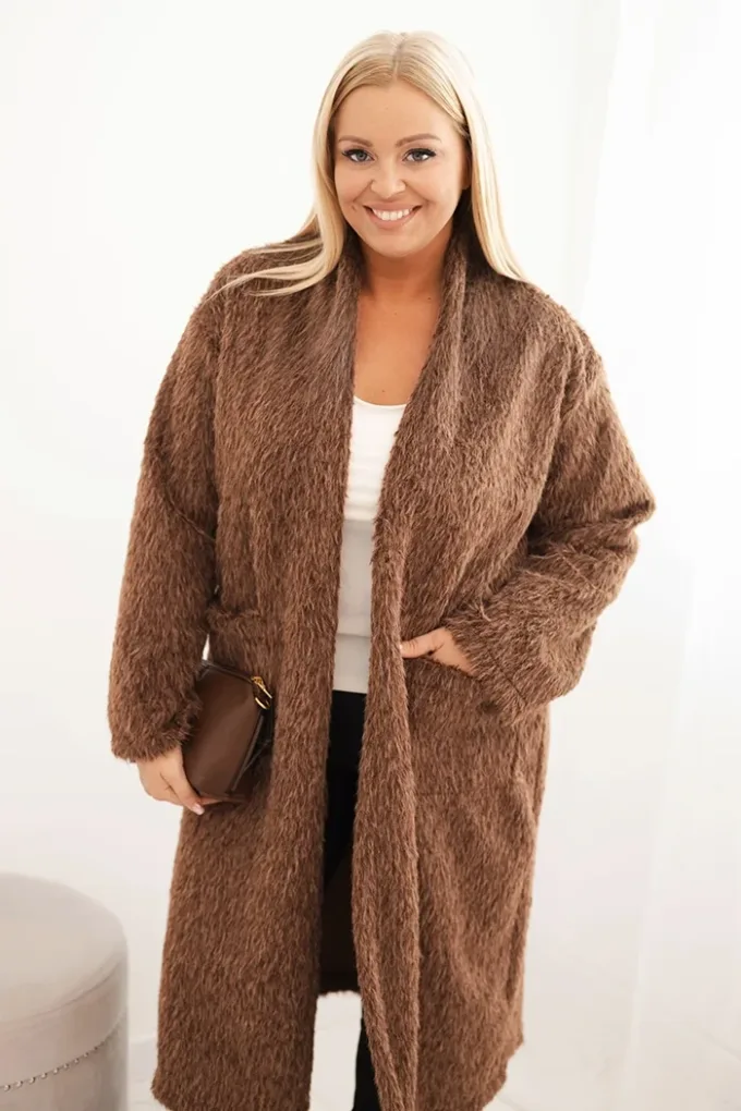 Płaszcz damski Plus Size z wiskozy bez zapięcia z kieszeniami brązowy