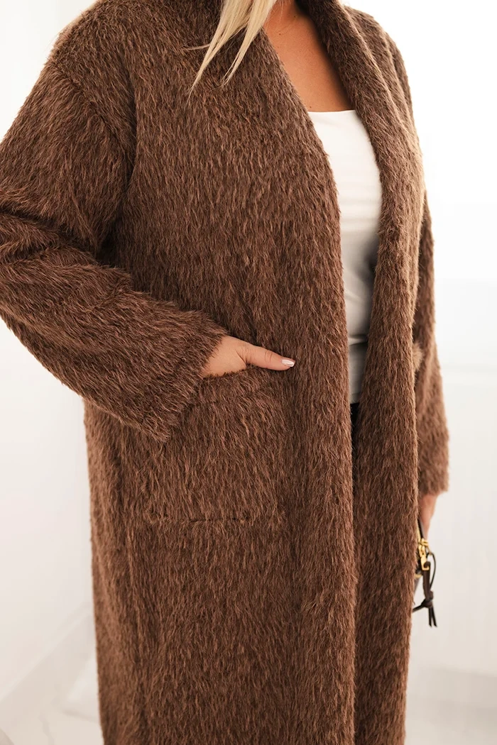 Płaszcz damski Plus Size z wiskozy bez zapięcia z kieszeniami brązowy - obrazek 4
