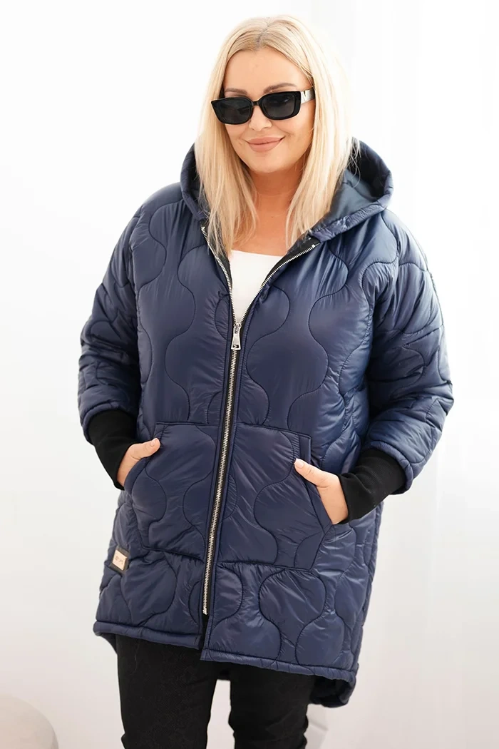 Kurtka damska zimowa Plus Size pikowana z kapturem granatowa