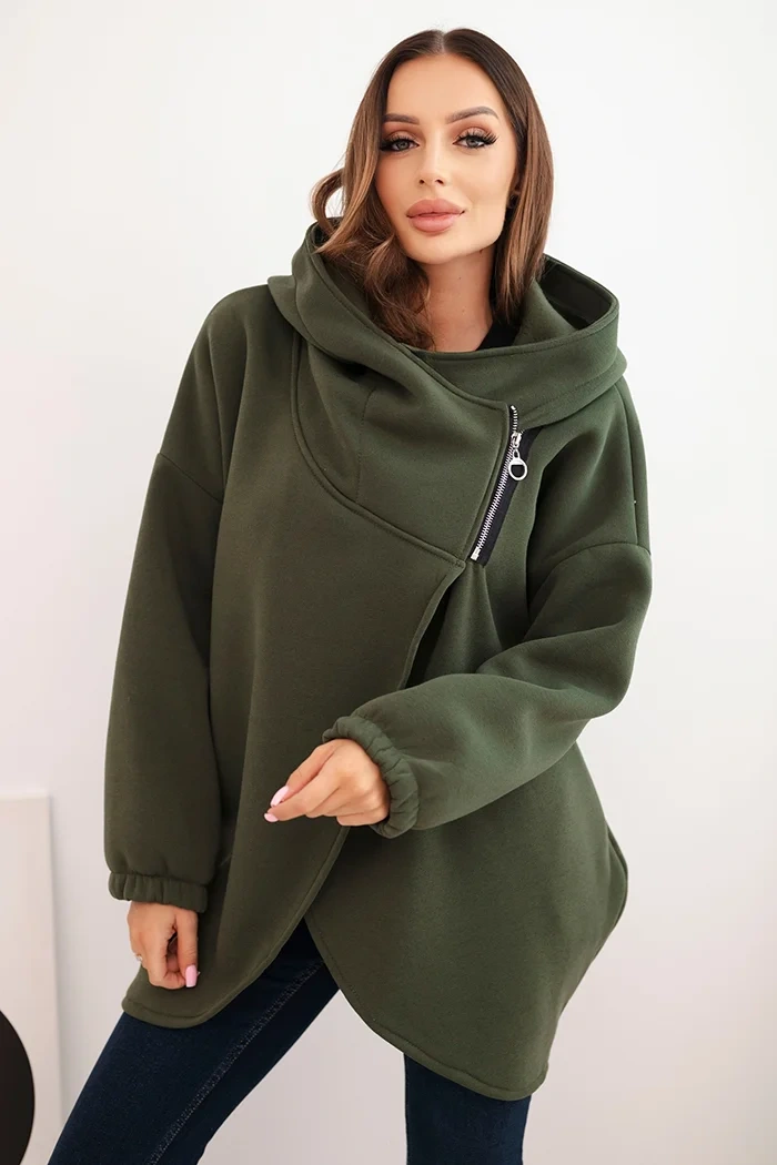 Bluza damska ocieplana z kapturem i asymetrycznym zamkiem khaki