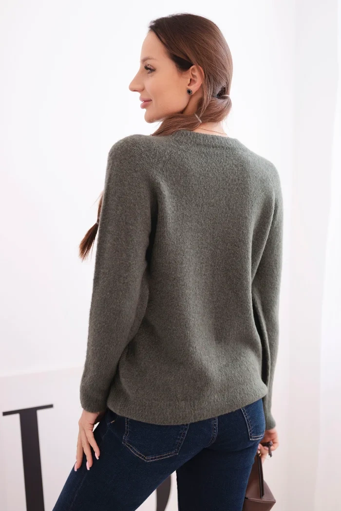 Sweter damski z baby alpaki z długim rękawem khaki - obrazek 3
