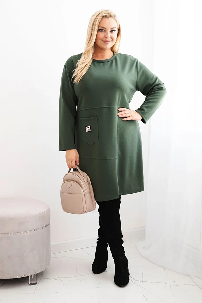 Sukienka damska Plus Size masełko z kieszenią i rękawem 3/4 khaki - obrazek 2