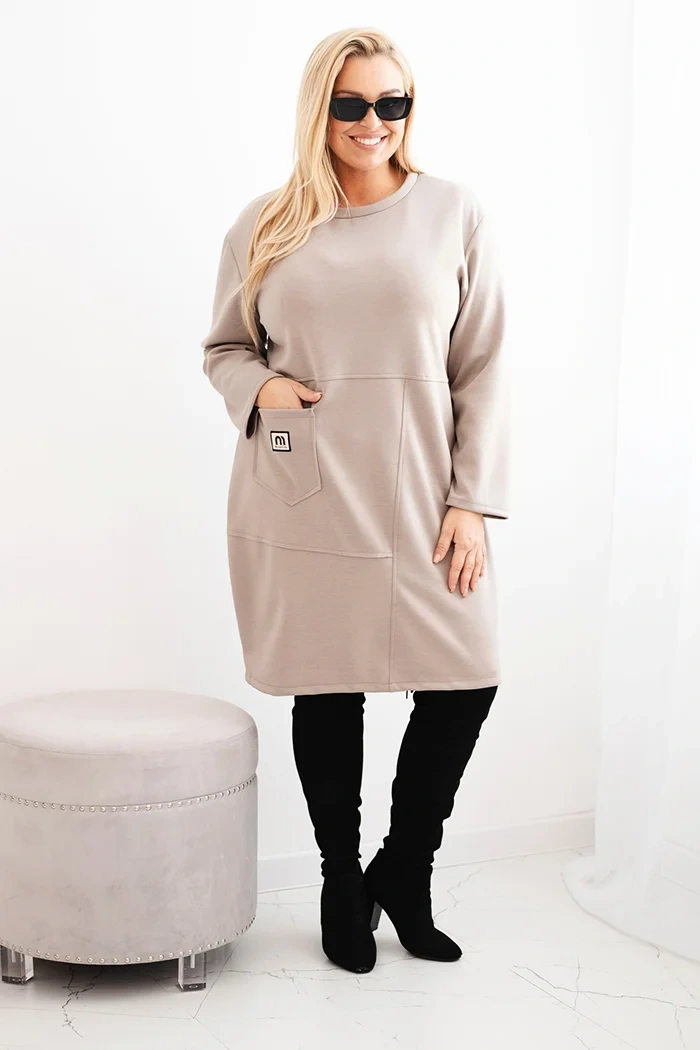 Sukienka damska Plus Size masełko z kieszenią i rękawem 3/4 fango - obrazek 2