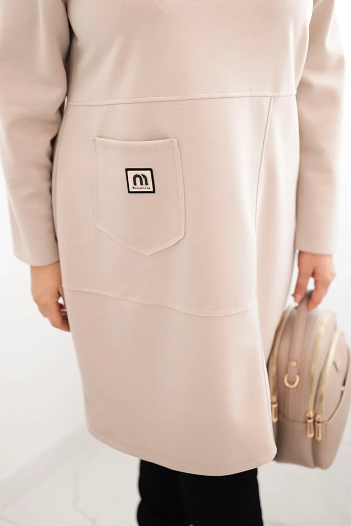 Sukienka damska Plus Size masełko z kieszenią i rękawem 3/4 beżowy - obrazek 4