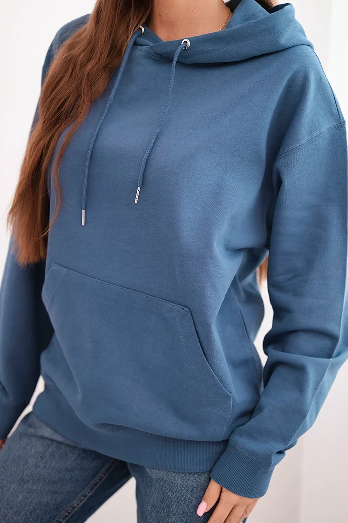 Bluza damska pętelkowa bawełniana z kapturem i kieszenią kangurką jeansowa - obrazek 4