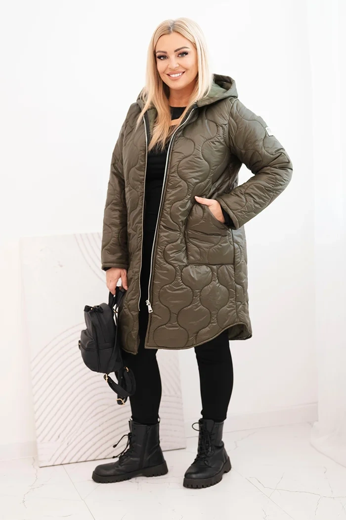 Kurtka damska Plus Size zimowa pikowana z kapturem khaki - obrazek 2