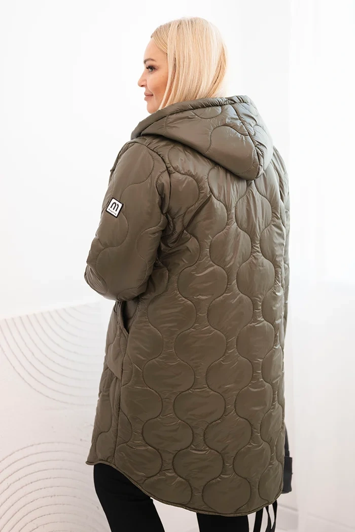 Kurtka damska Plus Size zimowa pikowana z kapturem khaki - obrazek 3
