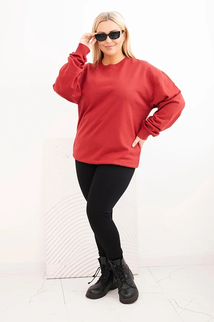 Bluza damska pętelkowa Plus Size bawełniana basic z okrągłym dekoltem bordowa - obrazek 2