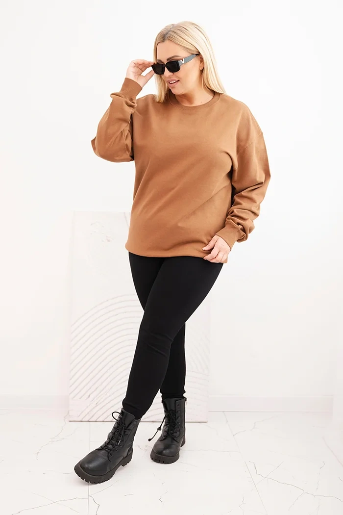 Bluza damska pętelkowa Plus Size bawełniana basic z okrągłym dekoltem camelowa - obrazek 2