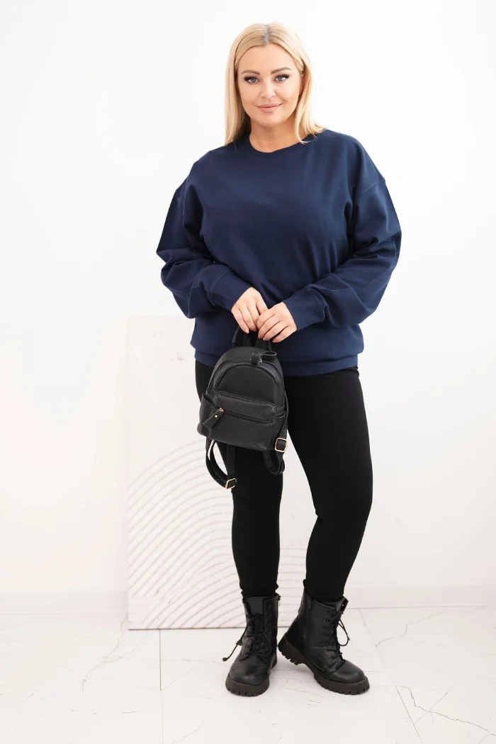 Bluza damska pętelkowa Plus Size bawełniana basic z okrągłym dekoltem granatowa - obrazek 2