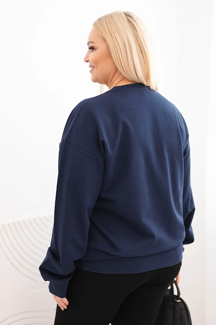 Bluza damska pętelkowa Plus Size bawełniana basic z okrągłym dekoltem granatowa - obrazek 3