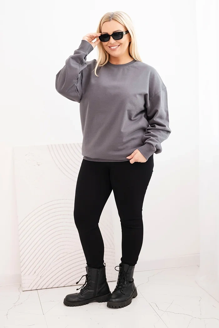 Bluza damska pętelkowa Plus Size bawełniana basic z okrągłym dekoltem grafitowa - obrazek 2
