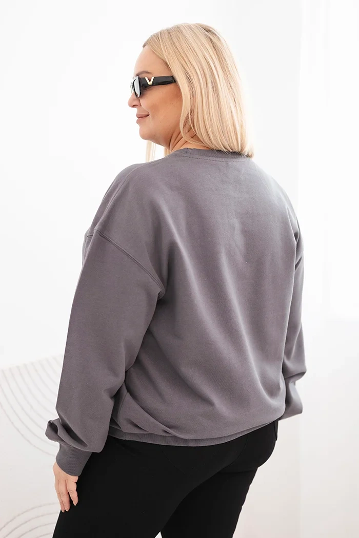 Bluza damska pętelkowa Plus Size bawełniana basic z okrągłym dekoltem grafitowa - obrazek 3
