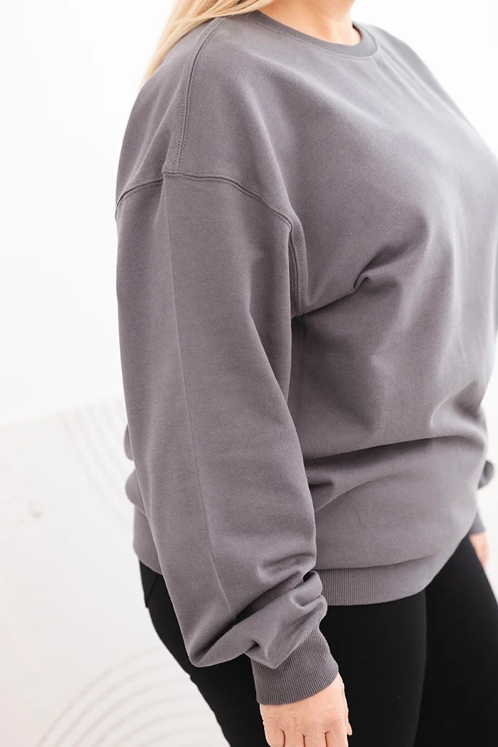 Bluza damska pętelkowa Plus Size bawełniana basic z okrągłym dekoltem grafitowa - obrazek 4