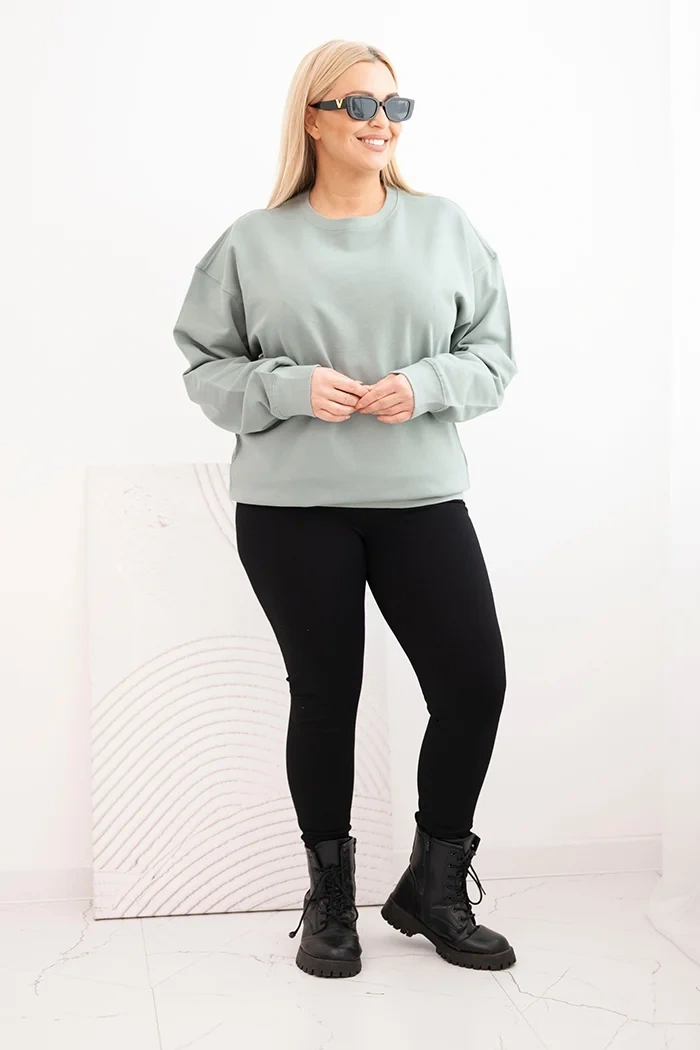 Bluza damska pętelkowa Plus Size bawełniana basic z okrągłym dekoltem ciemno miętowa - obrazek 2