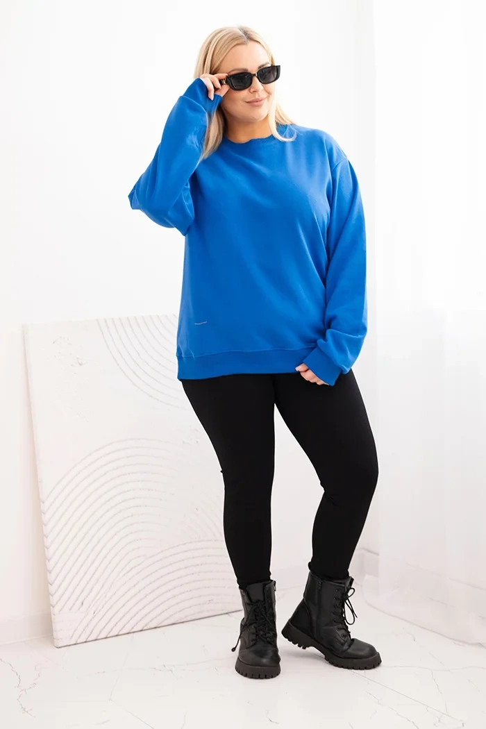 Bluza damska pętelkowa Plus Size bawełniana basic z okrągłym dekoltem chabrowa - obrazek 2