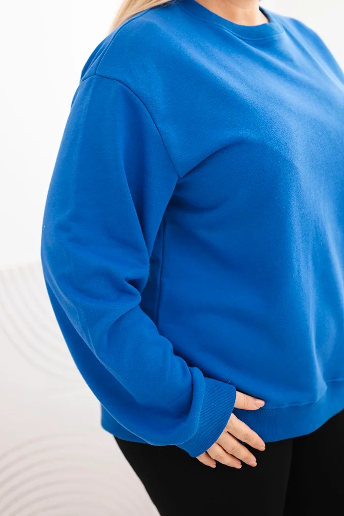 Bluza damska pętelkowa Plus Size bawełniana basic z okrągłym dekoltem chabrowa - obrazek 4