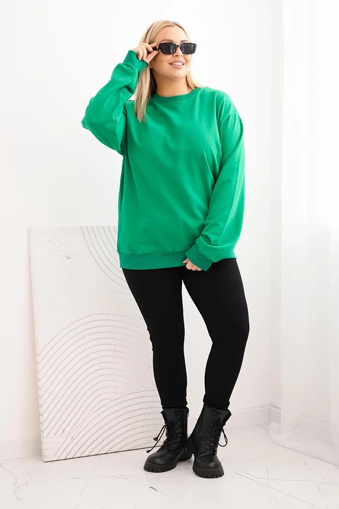Bluza damska pętelkowa Plus Size bawełniana basic z okrągłym dekoltem zielona - obrazek 2