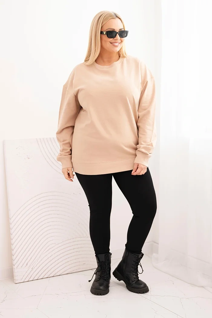 Bluza damska pętelkowa Plus Size bawełniana basic z okrągłym dekoltem beżowa - obrazek 2