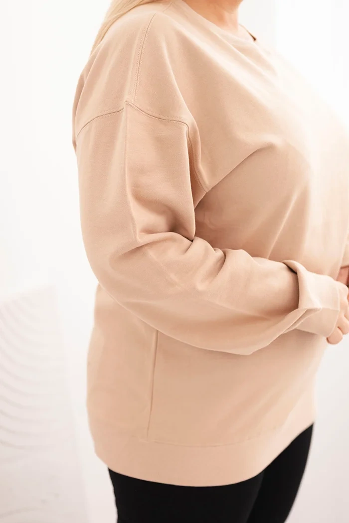 Bluza damska pętelkowa Plus Size bawełniana basic z okrągłym dekoltem beżowa - obrazek 4