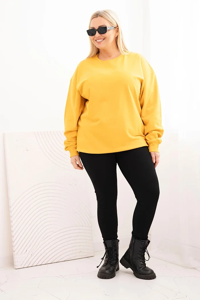 Bluza damska pętelkowa Plus Size bawełniana basic z okrągłym dekoltem musztardowa - obrazek 2