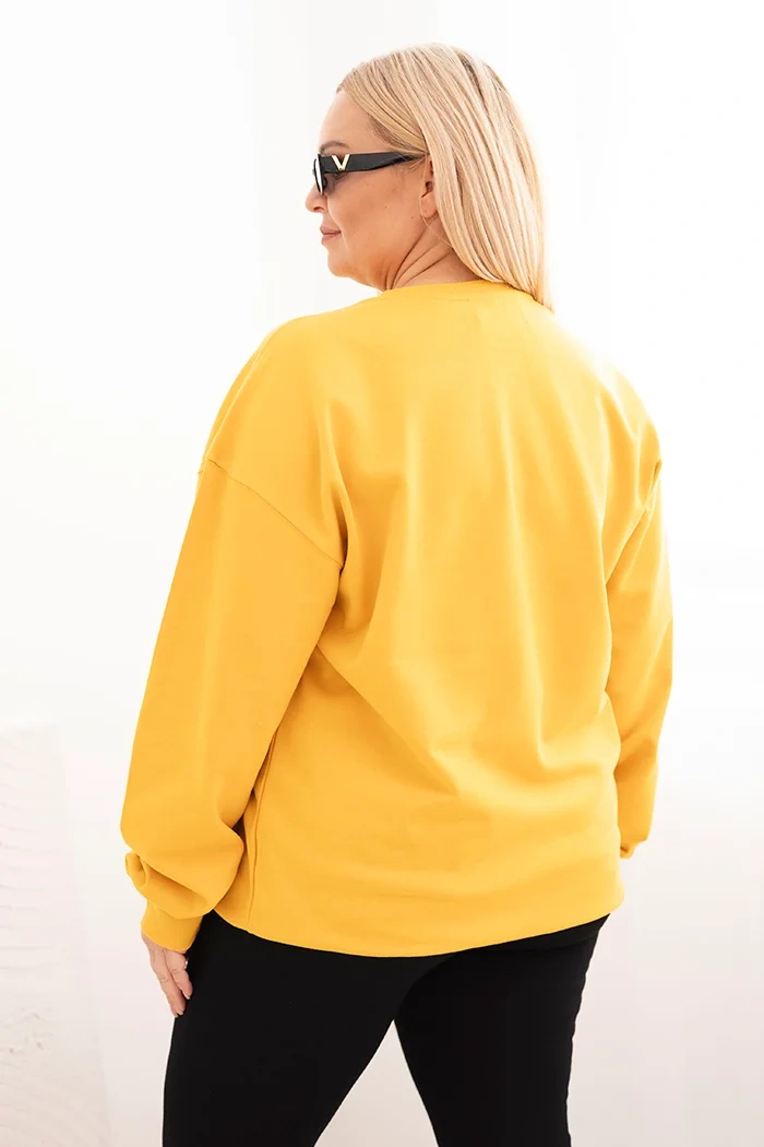 Bluza damska pętelkowa Plus Size bawełniana basic z okrągłym dekoltem musztardowa - obrazek 3