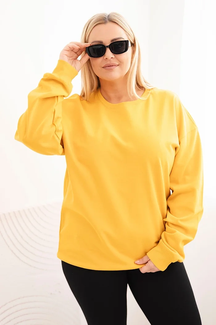 Bluza damska pętelkowa Plus Size bawełniana basic z okrągłym dekoltem musztardowa