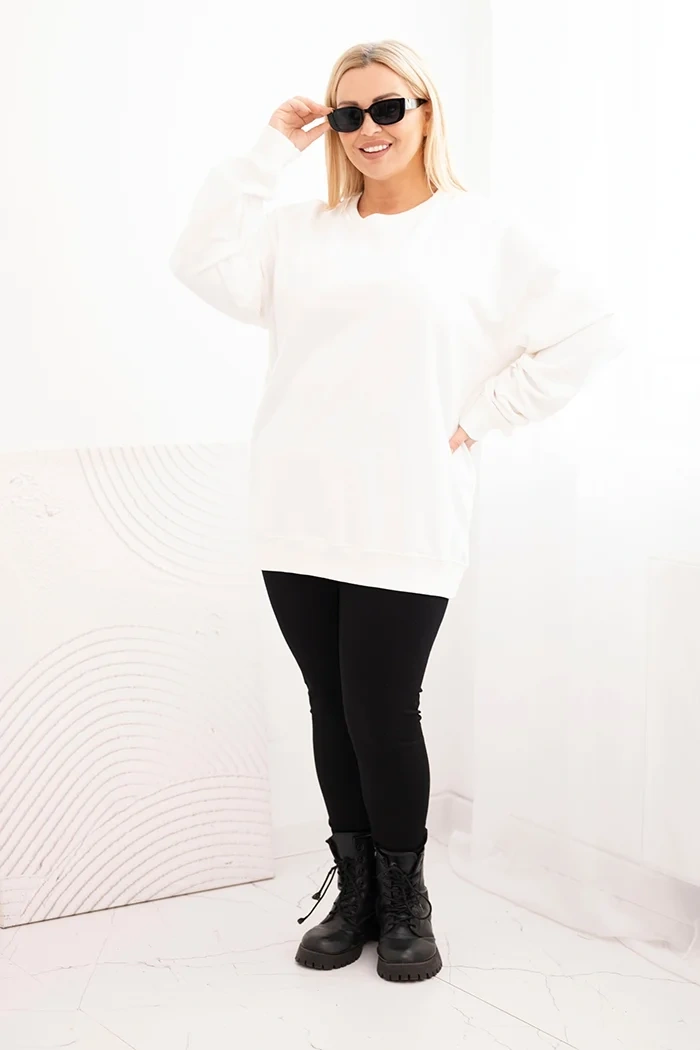 Bluza damska pętelkowa Plus Size bawełniana basic z okrągłym dekoltem biała - obrazek 2