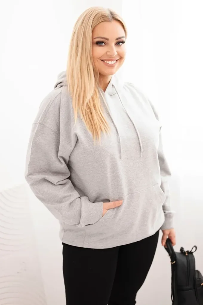 Bluza damska pętelkowa Plus Size bawełniana z kapturem i kieszenią kangurką szara