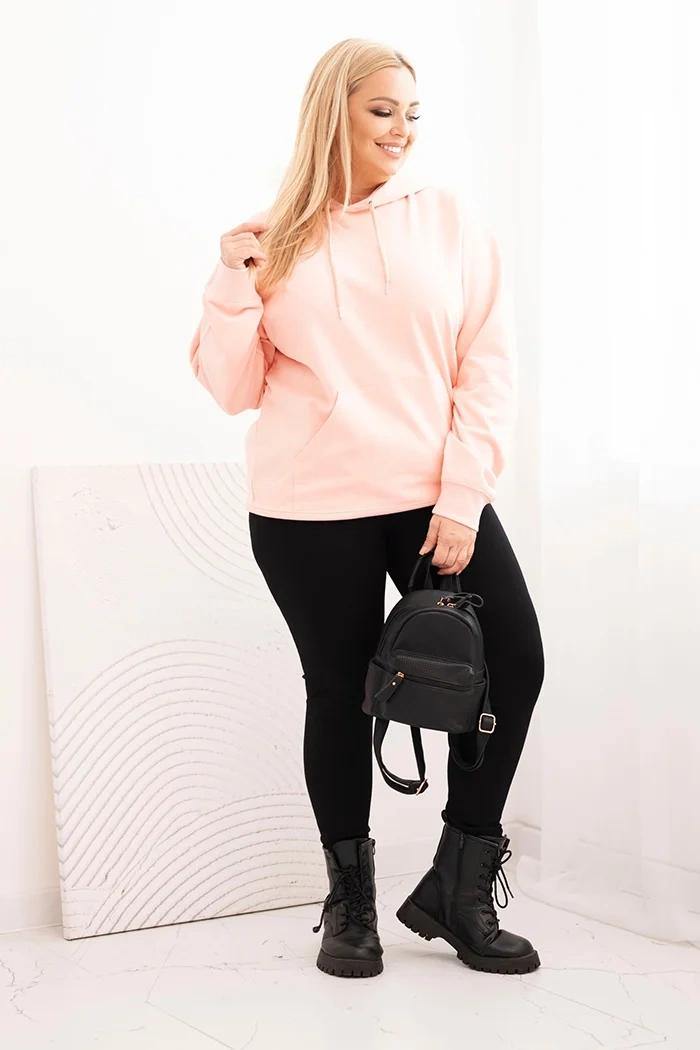 Bluza damska pętelkowa Plus Size bawełniana z kapturem i kieszenią kangurką łososiowa - obrazek 2