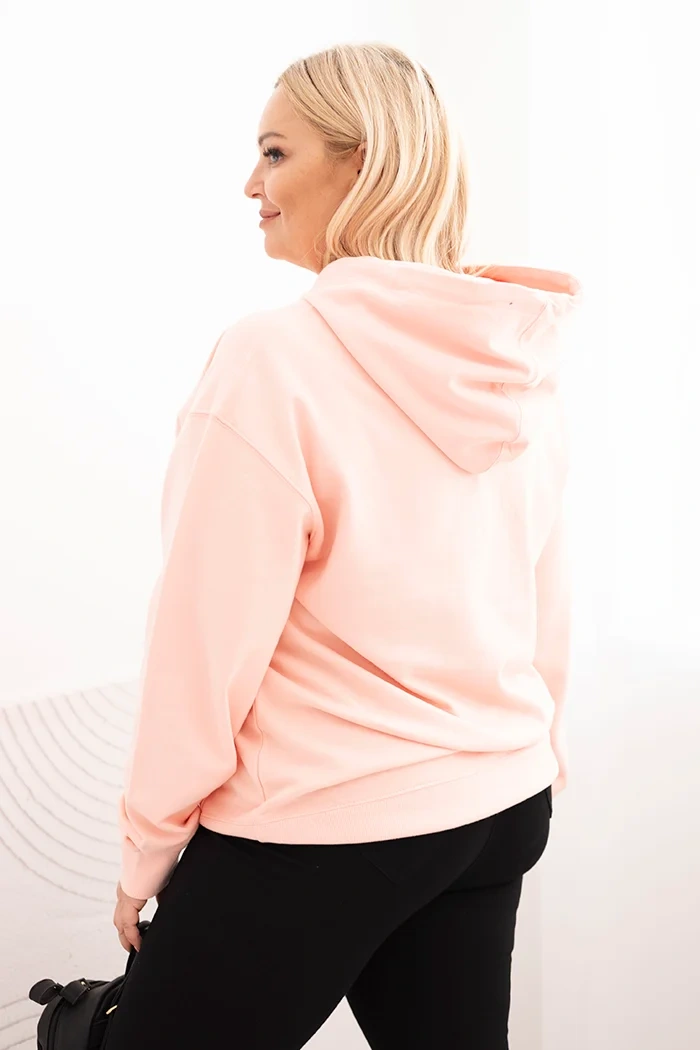 Bluza damska pętelkowa Plus Size bawełniana z kapturem i kieszenią kangurką łososiowa - obrazek 3