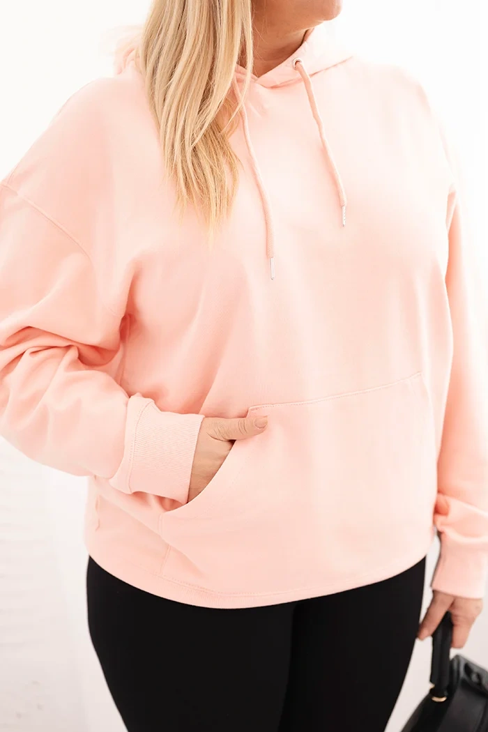 Bluza damska pętelkowa Plus Size bawełniana z kapturem i kieszenią kangurką łososiowa - obrazek 4