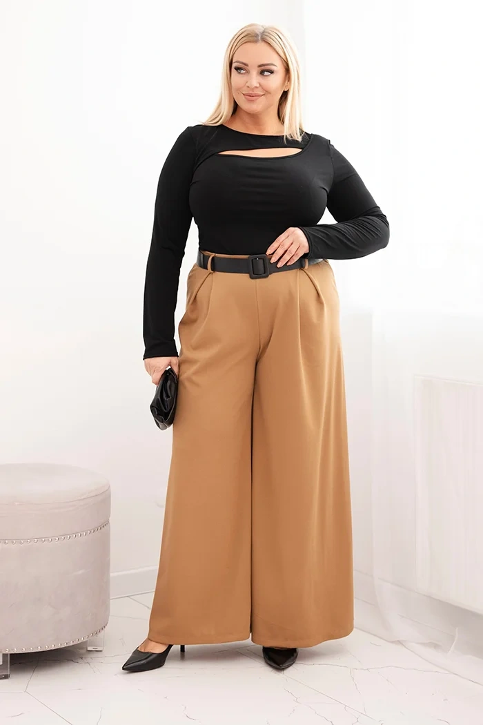 Spodnie damskie Plus Size z szeroką nogawką i paskiem camelowe - obrazek 2