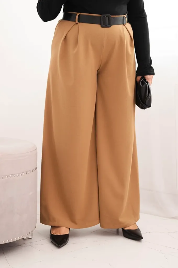 Spodnie damskie Plus Size z szeroką nogawką i paskiem camelowe