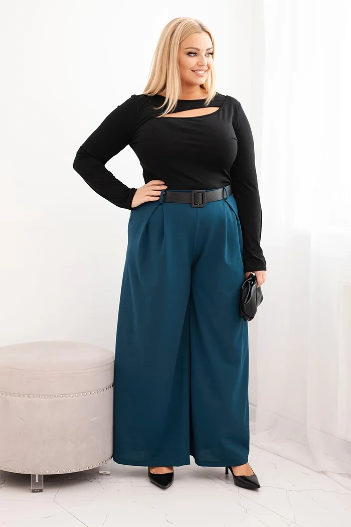 Spodnie damskie Plus Size z szeroką nogawką i paskiem morskie - obrazek 2
