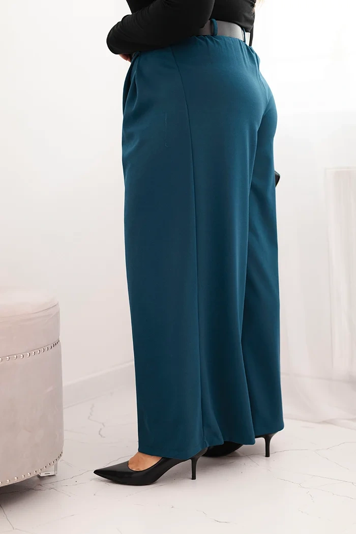 Spodnie damskie Plus Size z szeroką nogawką i paskiem morskie - obrazek 3