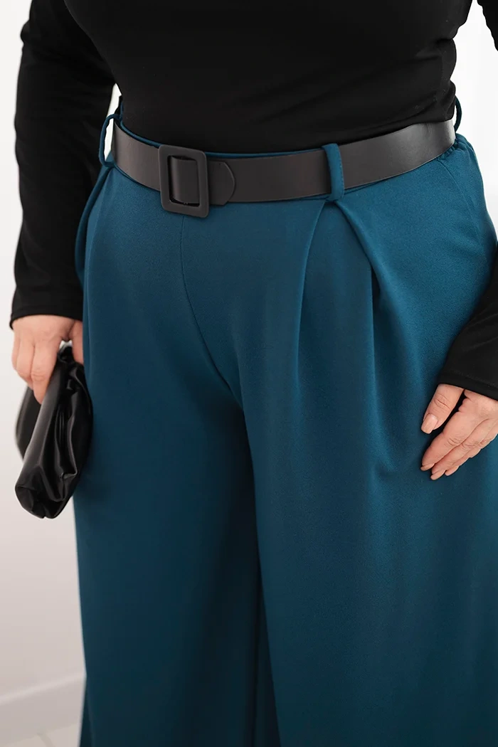Spodnie damskie Plus Size z szeroką nogawką i paskiem morskie - obrazek 4