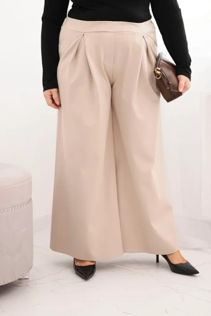 Spodnie damskie Plus Size z szerokimi nogawkami i plisowaniem beżowe