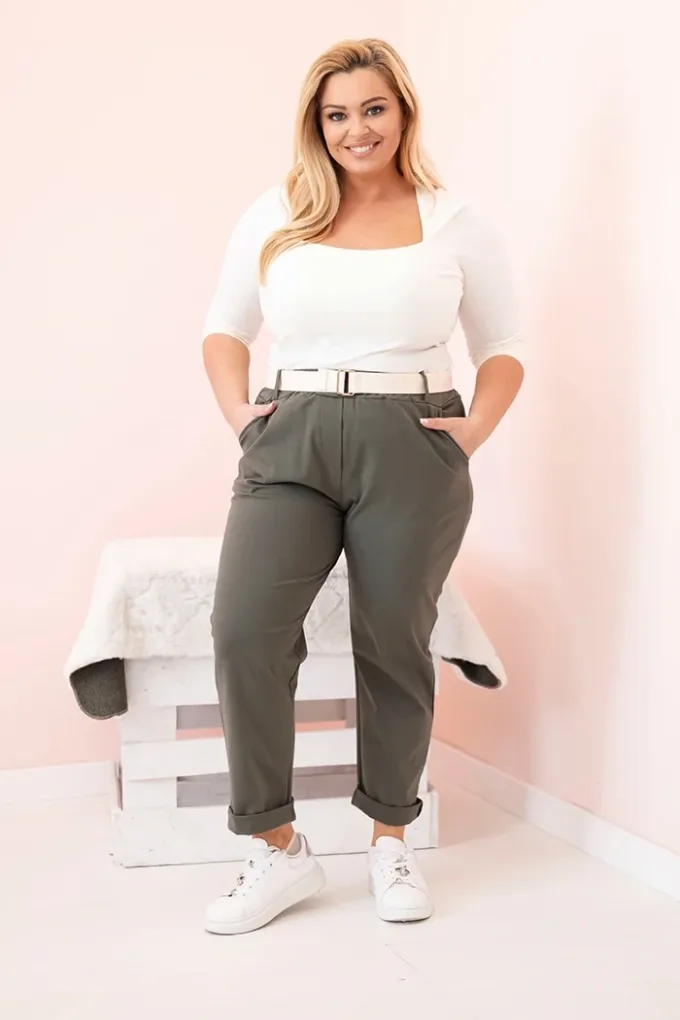 Spodnie damskie Punto Milano Winter Plus Size z paskiem khaki