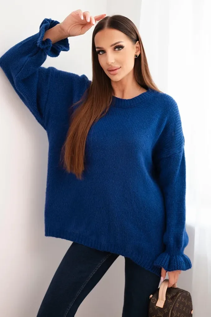 Sweter damski z dodatkiem moheru i wełny o luźnym fasonie chabrowy