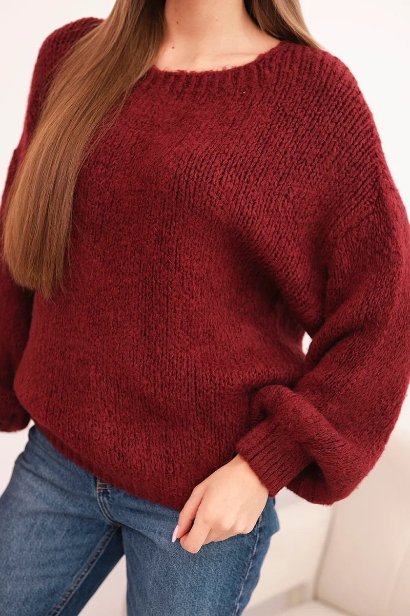 Sweter damski o grubym splocie z wełną i długim rękawem bordowy - obrazek 3