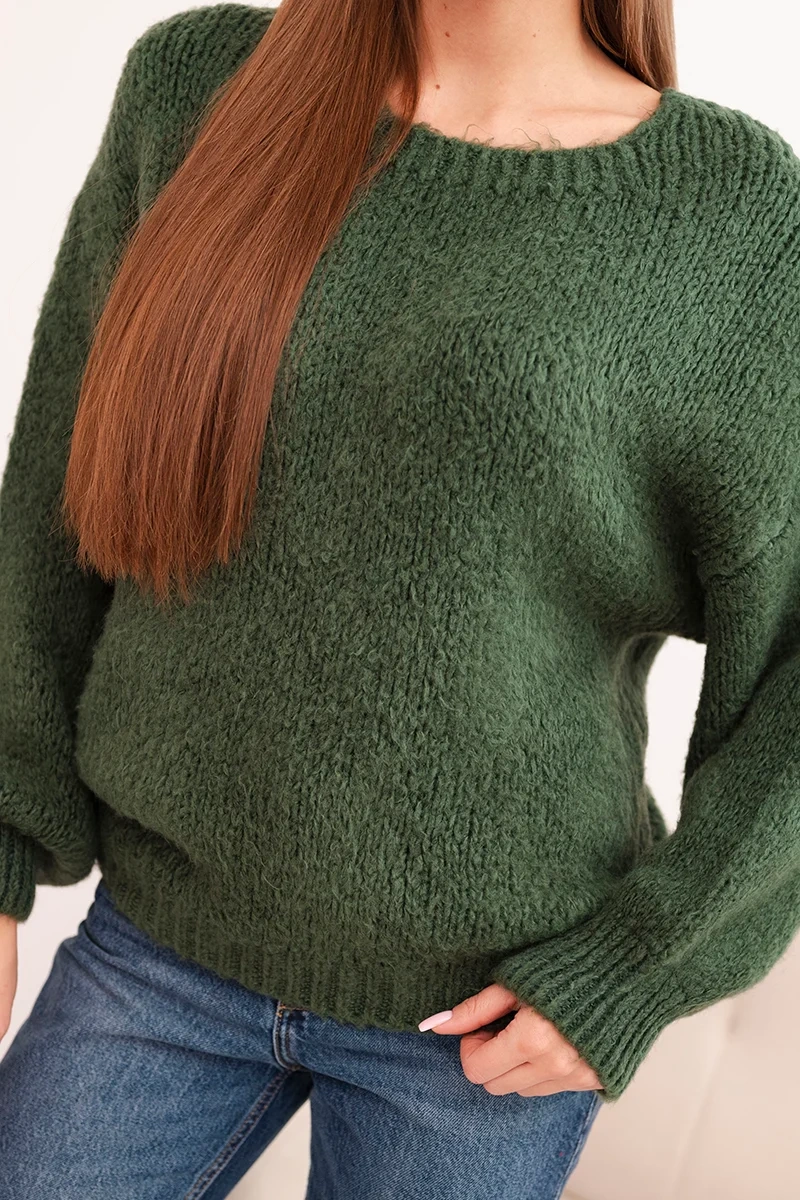 Sweter damski z wełną o grubym splocie i długim rękawem khaki - obrazek 4