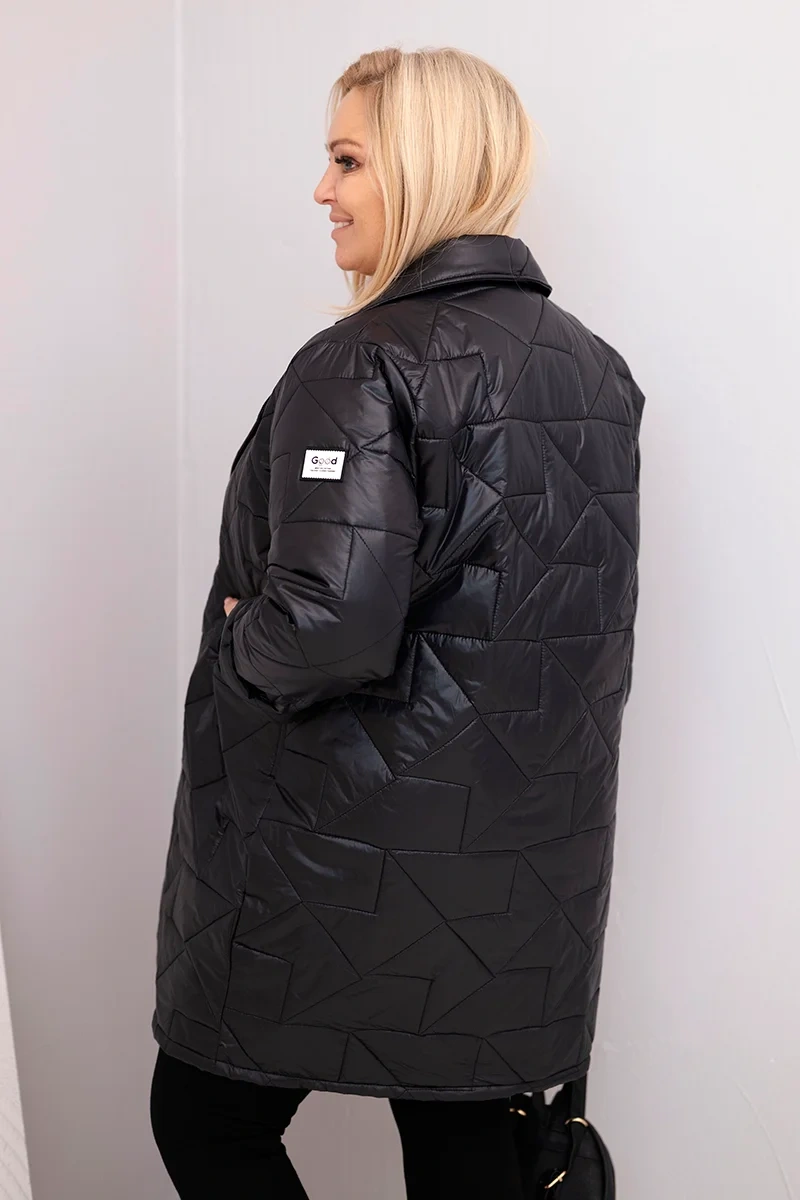 Kurtka damska Plus Size pikowana z ozdobnymi guzikami i kołnierzem czarna - obrazek 3