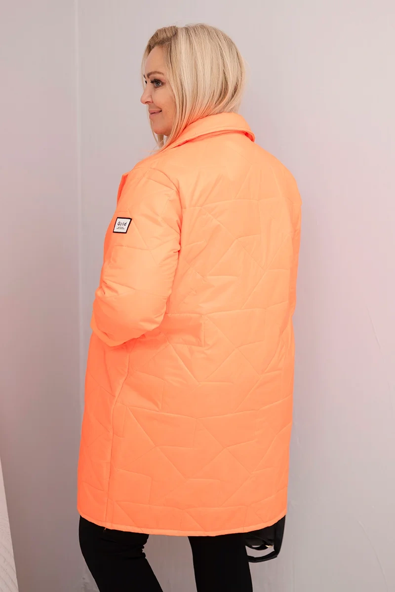 Kurtka damska Plus Size pikowana z ozdobnymi guzikami i kołnierzem pomarańczowy neon - obrazek 3