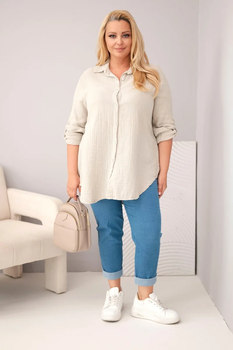 Koszula bawełniana muślinowa Plus Size ciemno beżowa - obrazek 2