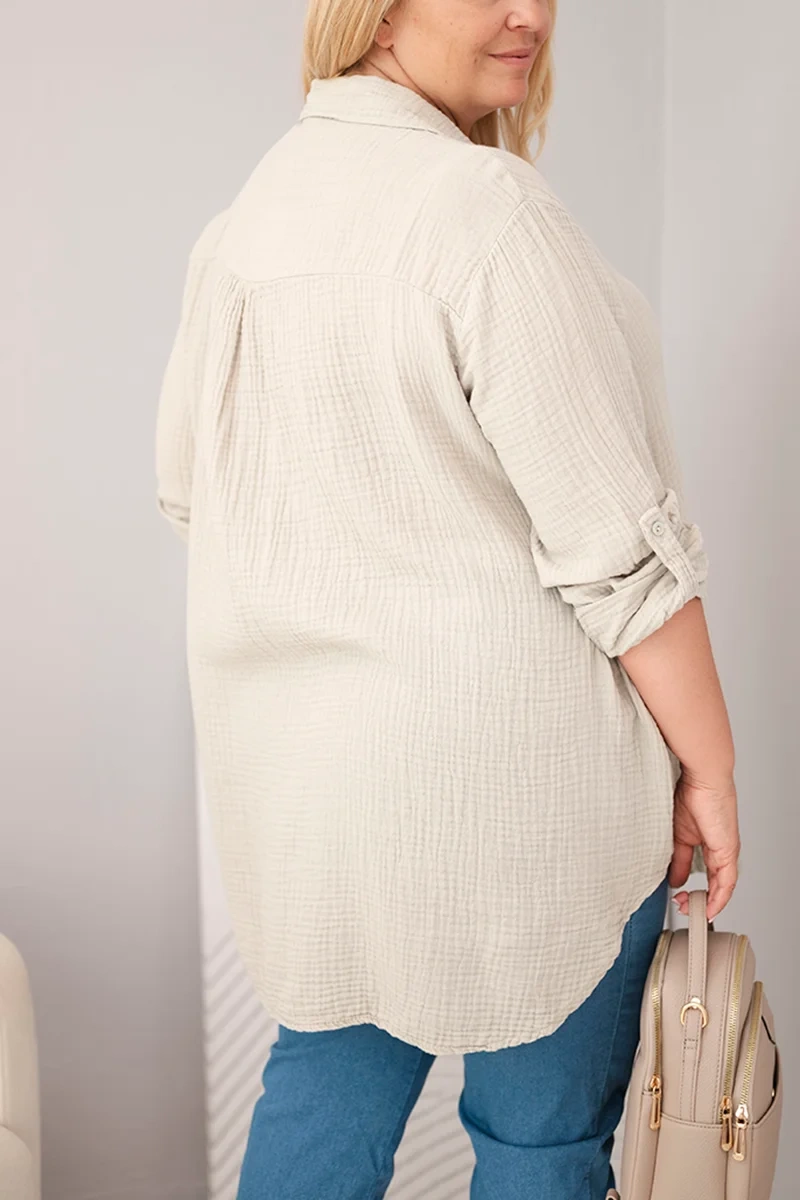 Koszula bawełniana muślinowa Plus Size ciemno beżowa - obrazek 3