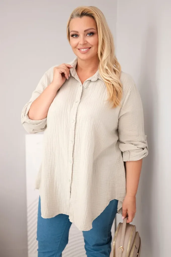Koszula bawełniana muślinowa Plus Size ciemno beżowa