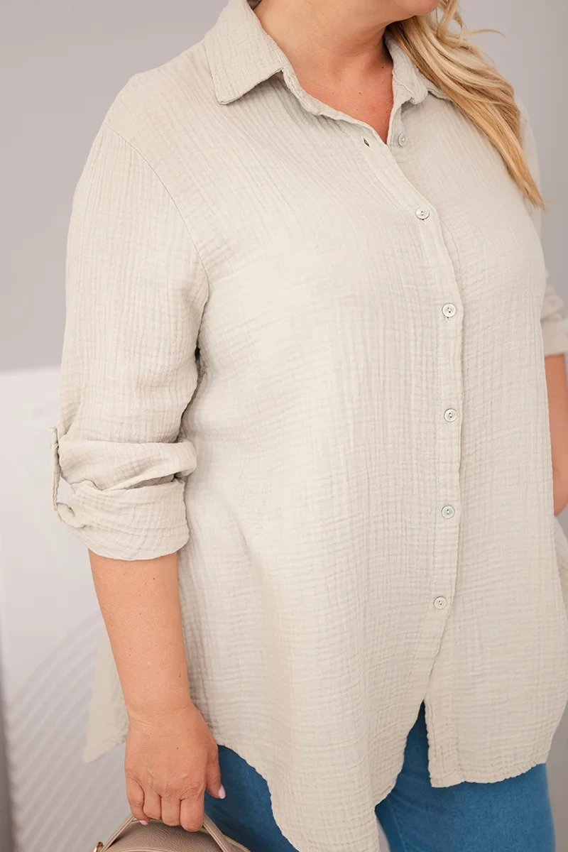 Koszula bawełniana muślinowa Plus Size ciemno beżowa - obrazek 4