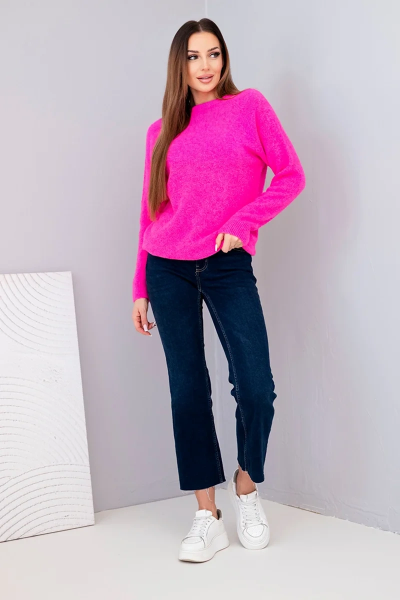 Sweter damski z baby alpaki z długim rękawem różowy neon - obrazek 2